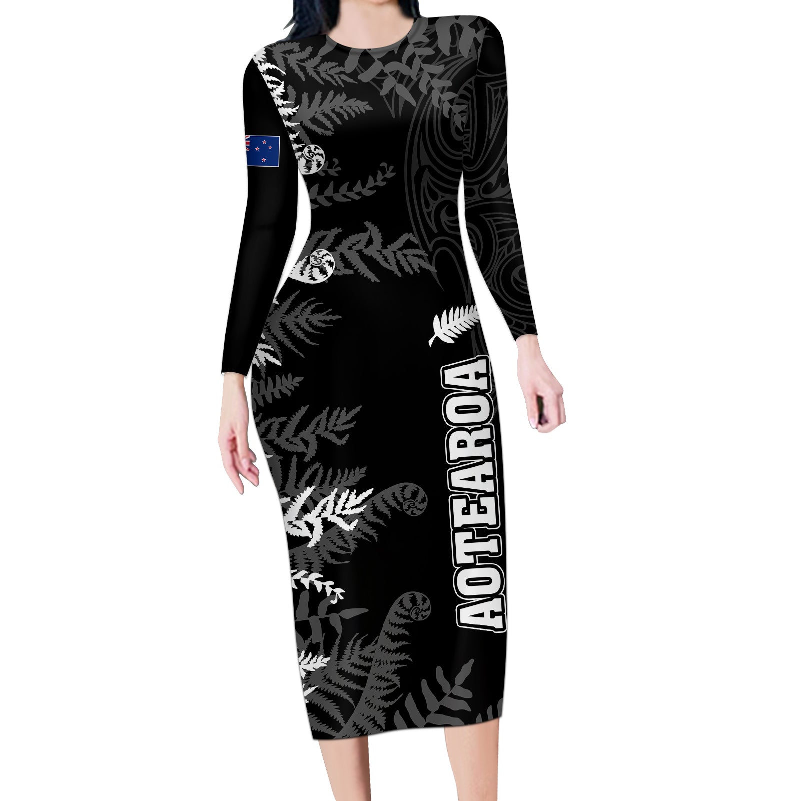 Personalised New Zealand Rugby Long Sleeve Bodycon Dress Silver Fern Basic 2023 World Cup - Wonder Print Shop