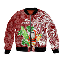 Unisex red bomber jacket with zip front, black trim, Santa and palm tree print