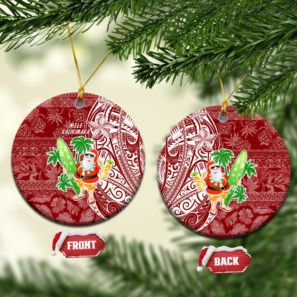 Red ceramic round ornament with Santa and palm trees, gold hanging cord.