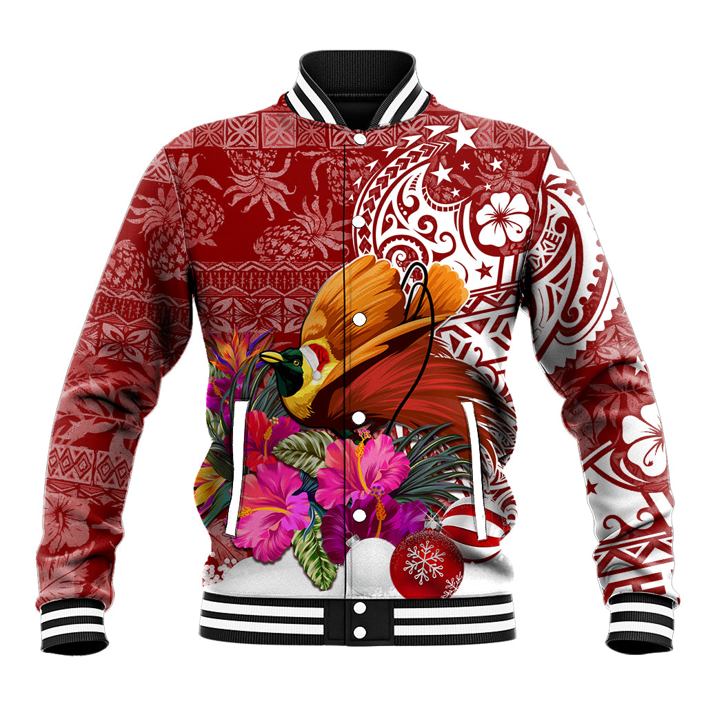 Red unisex baseball jacket with bird graphic, floral print, striped ribbed collar and cuffs