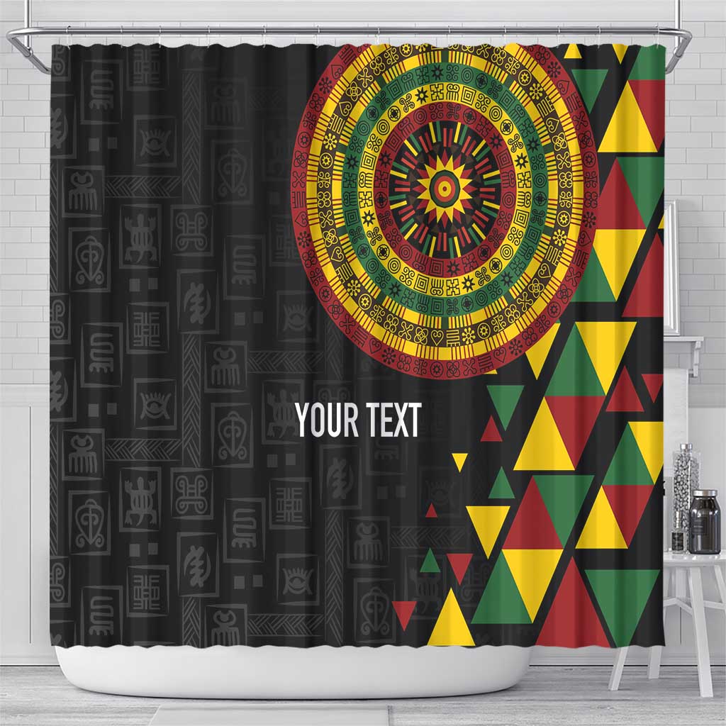 Black shower curtain with centered circular Adinkra emblem, multicolor triangles, 'YOUR TEXT'