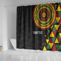 Black shower curtain with Adinkra-style circular motif and 'YOUR TEXT', multicolor side pattern
