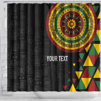 Black shower curtain with colorful Adinkra mandala and geometric triangles, 'YOUR TEXT'