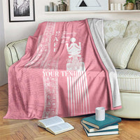 Pink fleece blanket with white Duafe-style woman motif and vertical “YOUR TEXT” print