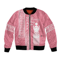 Pink women's bomber jacket with black ribbed cuffs and zip front; white symbol graphics