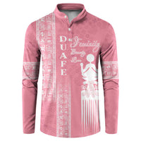 Women's pink button-up sweatshirt with white Adinkra-style figure and patterned stripes