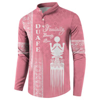 Women's pink long-sleeve button-up sweatshirt with white figure graphic and decorative text
