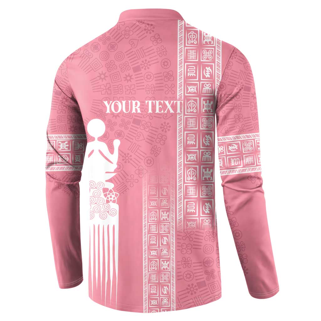 Women's pink button-up sweatshirt with white back graphic and vertical patterned panel