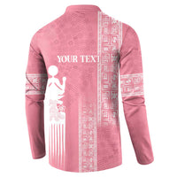 Women's pink button-up sweatshirt with white back graphic and vertical patterned panel