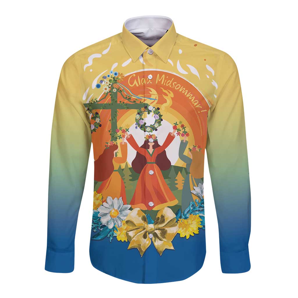 Sverige Glad Midsommar Long Sleeve Button Shirt Majstang Dancing