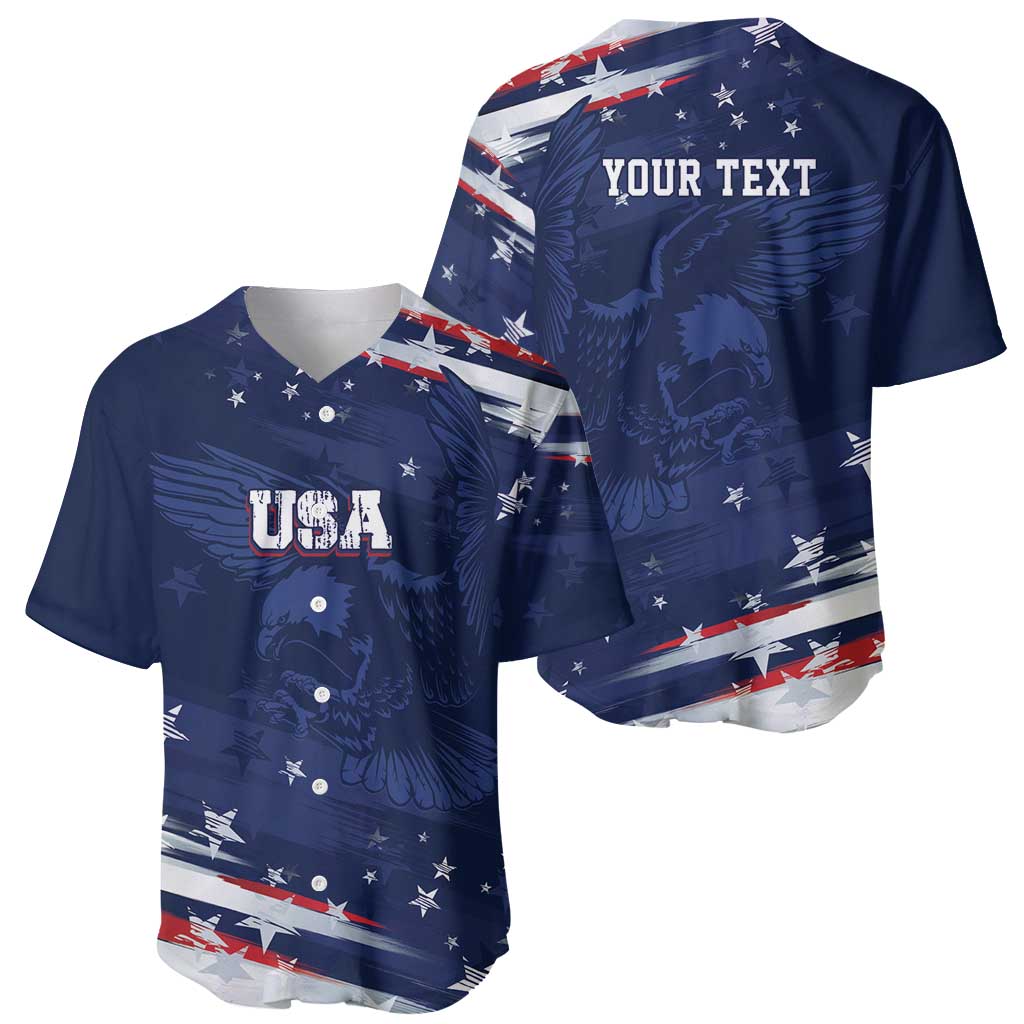 Blue baseball jersey set showing front USA graphic and back 'YOUR TEXT'