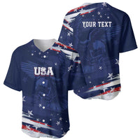 Blue baseball jersey set showing front USA graphic and back 'YOUR TEXT'