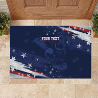 Blue rubber doormat with eagle, stars, and red-white striped border for custom text