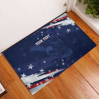 Blue personalized rubber doormat with eagle graphic, stars, and red-white stripe frame