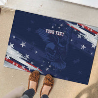 Blue custom rubber doormat with eagle, stars, and red-white stripes; feet on doorstep