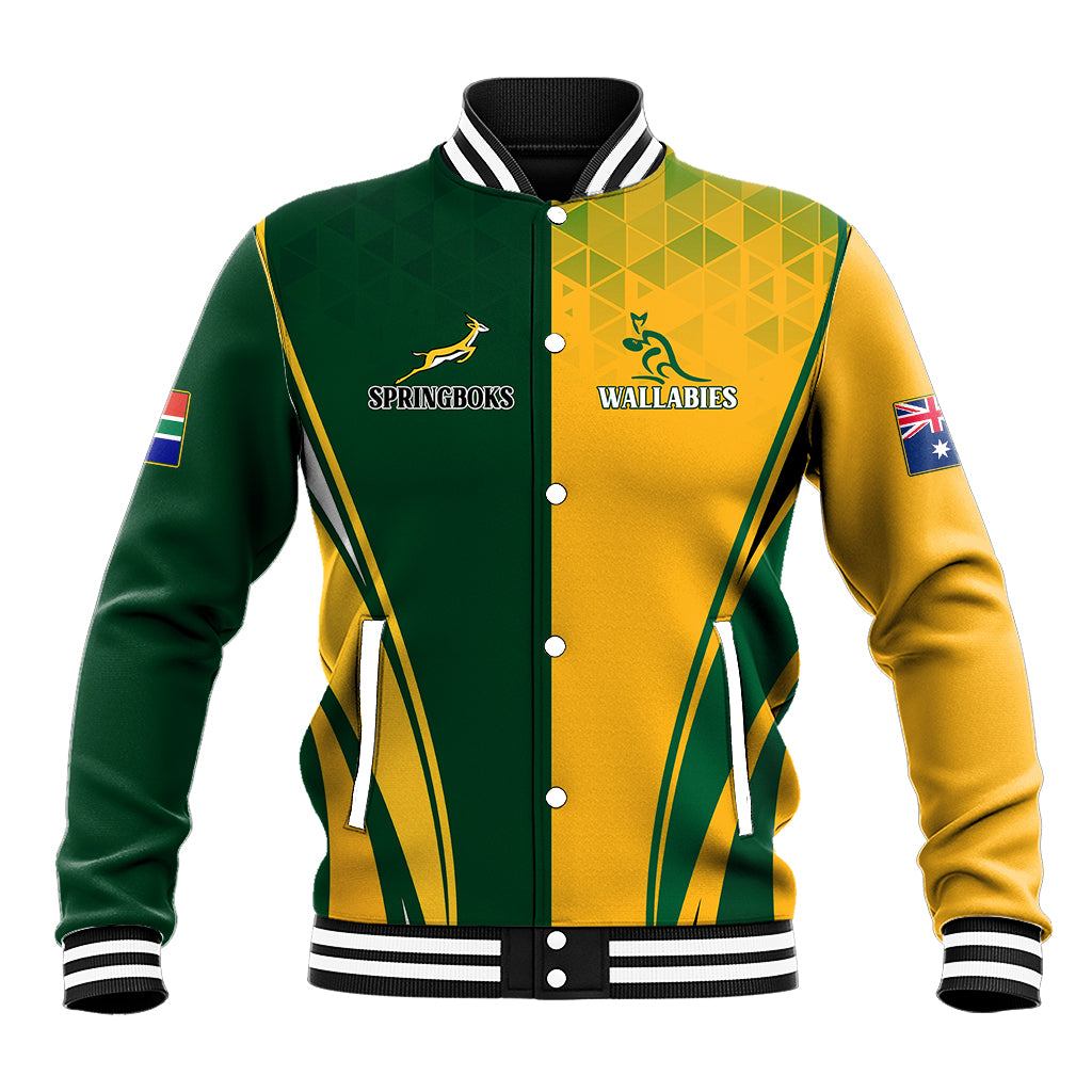 Rugby baseball jacket in green and yellow with team-style logos and snap front
