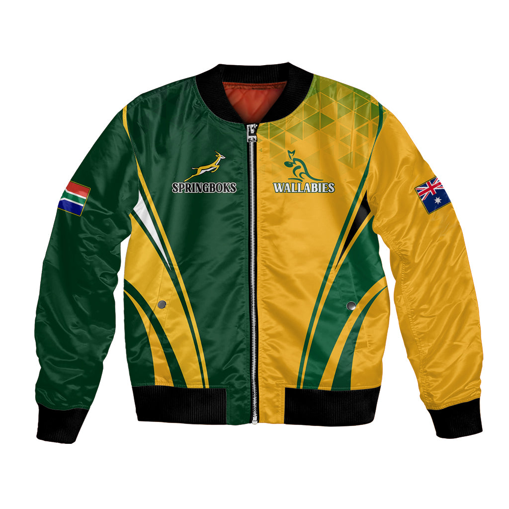 Unisex rugby bomber jacket, green and yellow satin with front zipper and ribbed cuffs