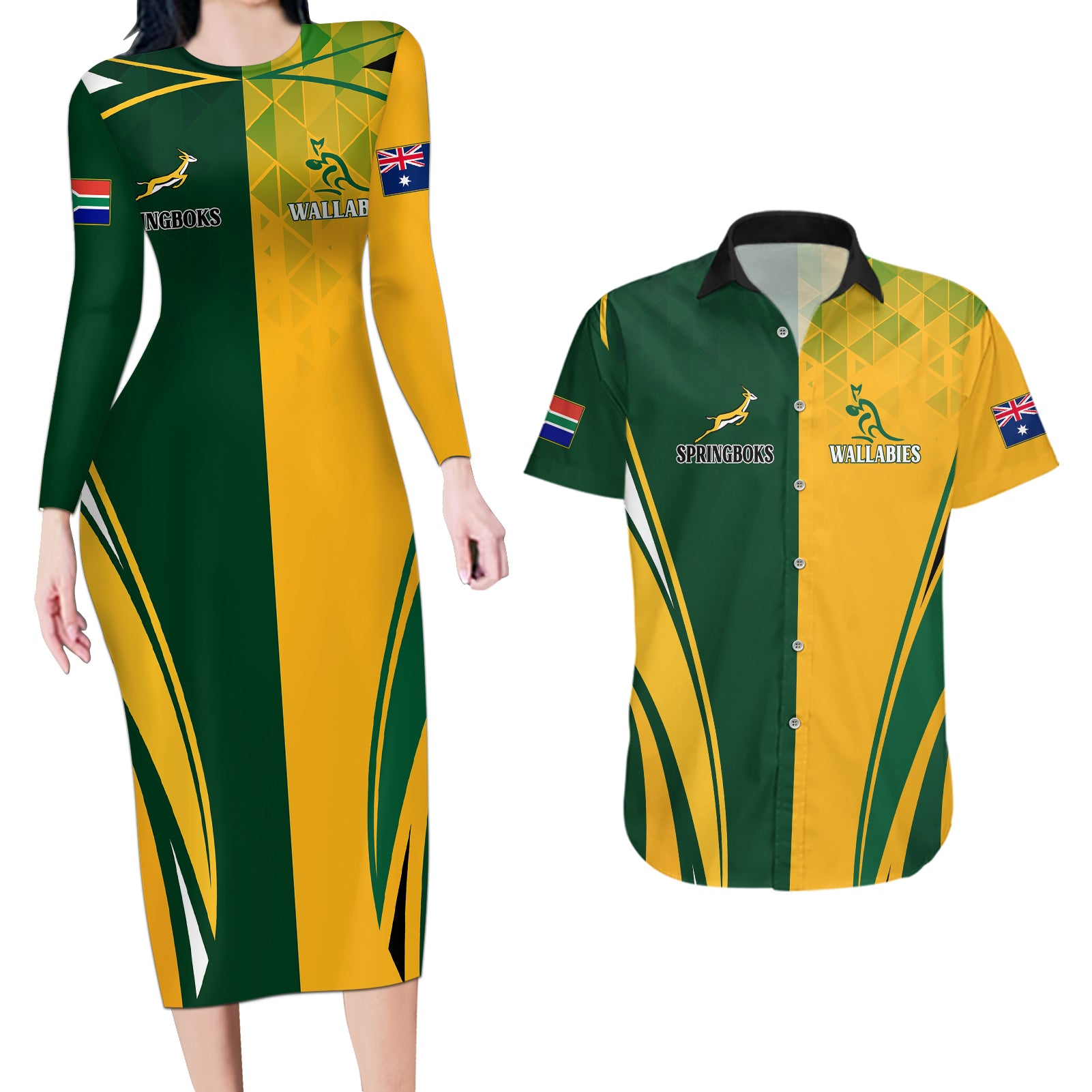 Personalised Australia Mix South Africa Rugby Couples Matching Long Sleeve Bodycon Dress and Hawaiian Shirt Wallabies And Springboks - Champions Special Ver LT7 - Wonder Print Shop