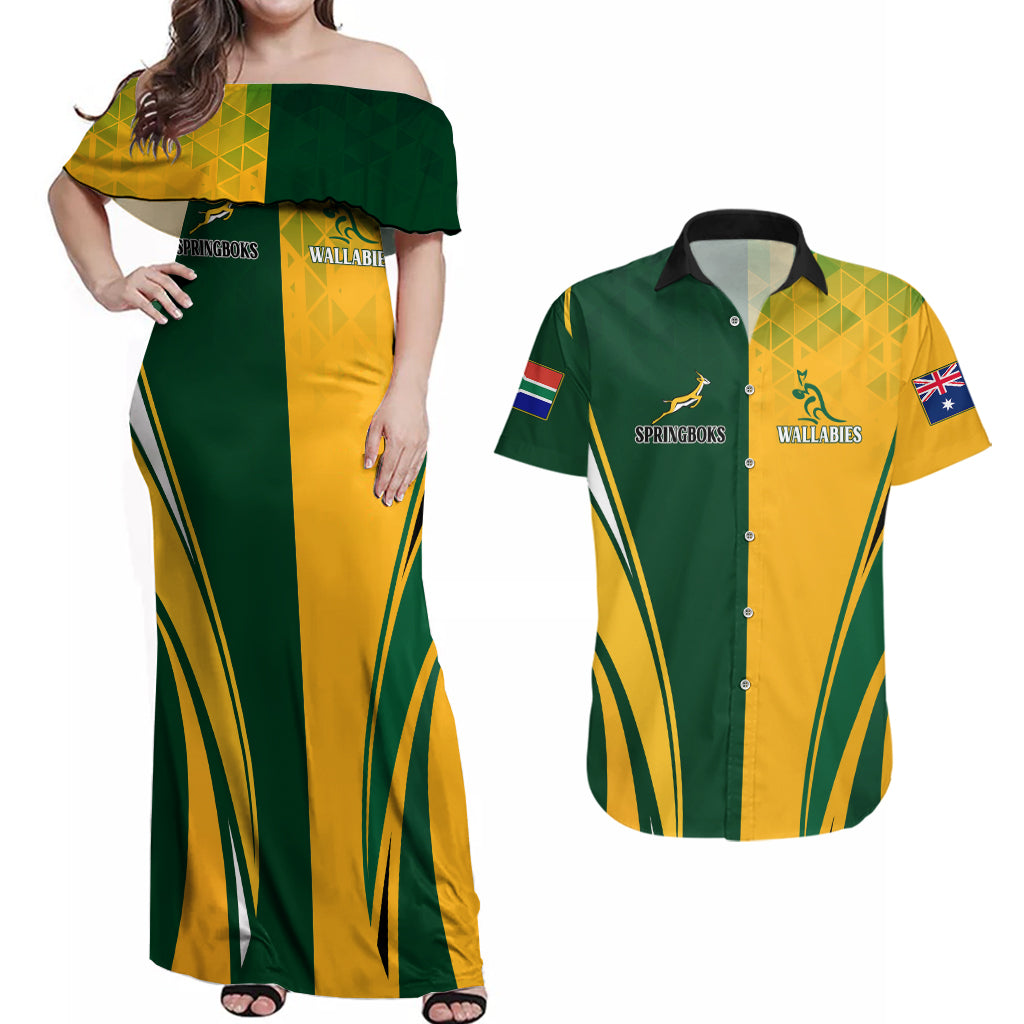 Personalised Australia Mix South Africa Rugby Couples Matching Off Shoulder Maxi Dress and Hawaiian Shirt Wallabies And Springboks - Champions Special Ver LT7 - Wonder Print Shop