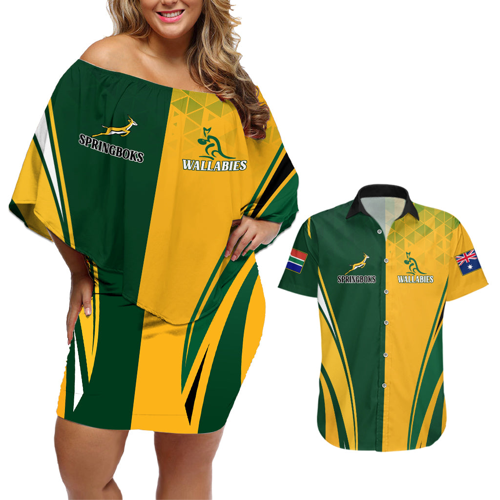 Personalised Australia Mix South Africa Rugby Couples Matching Off Shoulder Short Dress and Hawaiian Shirt Wallabies And Springboks - Champions Special Ver LT7 - Wonder Print Shop