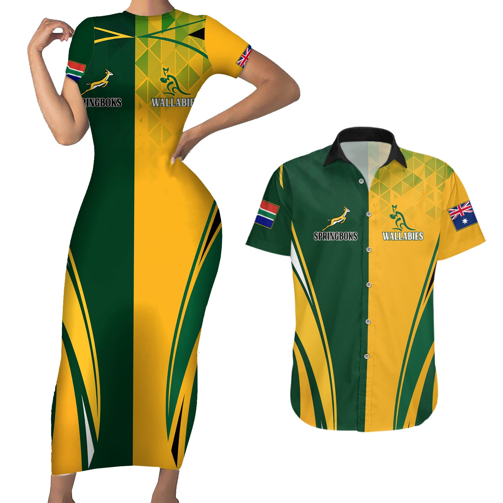 Personalised Australia Mix South Africa Rugby Couples Matching Short Sleeve Bodycon Dress and Hawaiian Shirt Wallabies And Springboks - Champions Special Ver LT7 - Wonder Print Shop