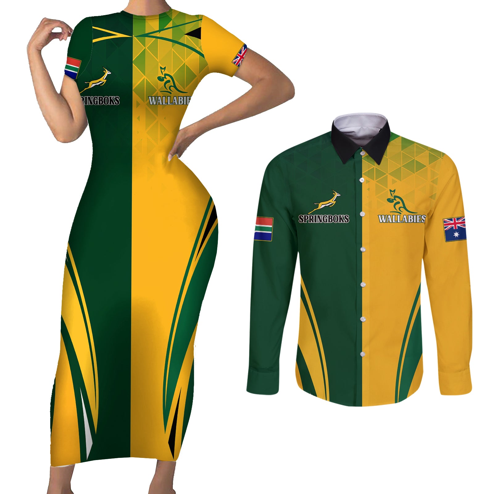 Personalised Australia Mix South Africa Rugby Couples Matching Short Sleeve Bodycon Dress and Long Sleeve Button Shirts Wallabies And Springboks - Champions Special Ver LT7 - Wonder Print Shop