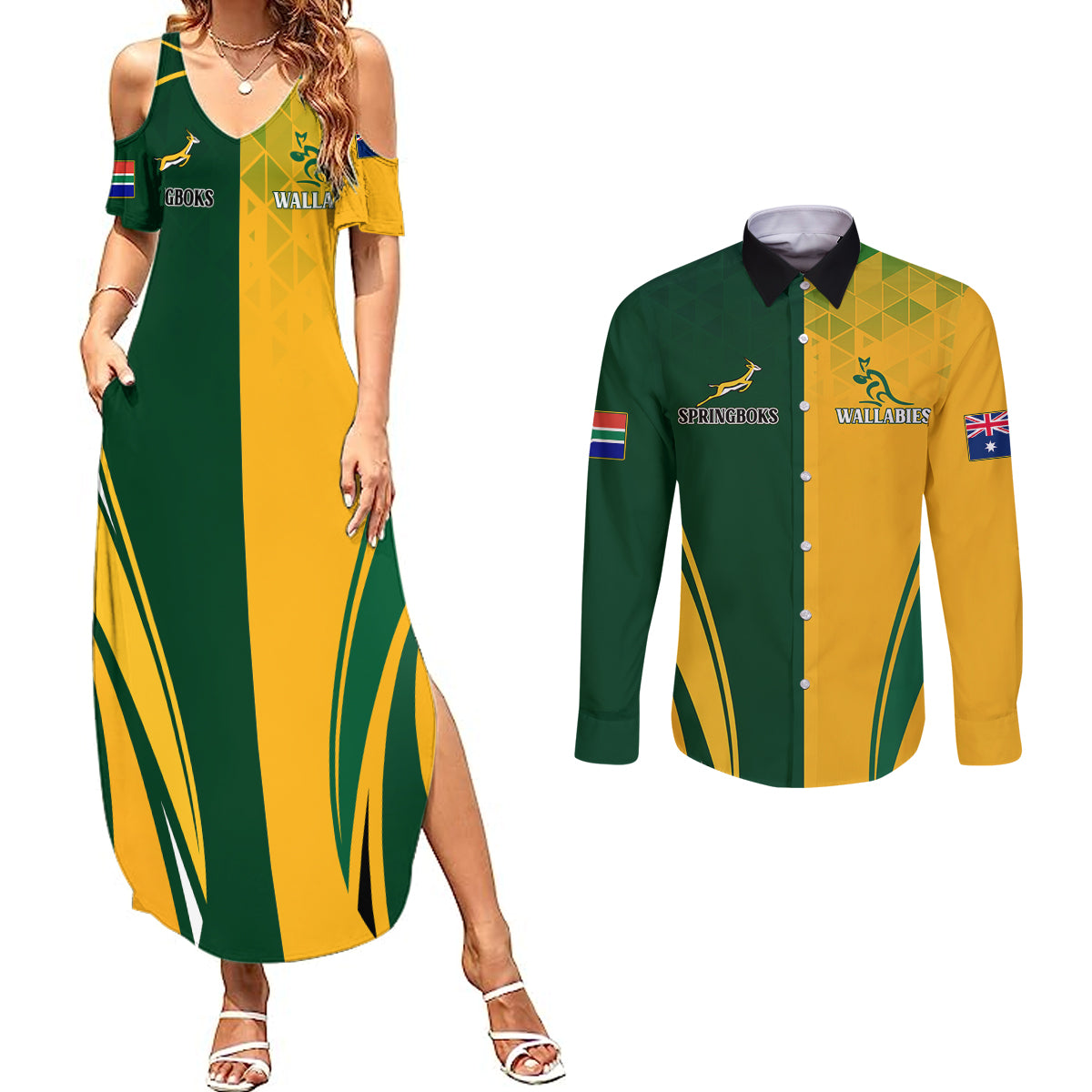 Personalised Australia Mix South Africa Rugby Couples Matching Summer Maxi Dress and Long Sleeve Button Shirts Wallabies And Springboks - Champions Special Ver LT7 - Wonder Print Shop