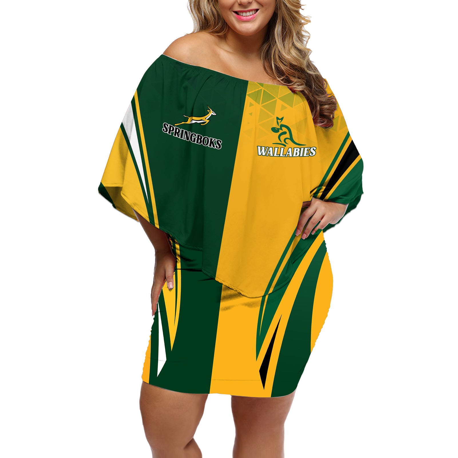 Personalised Australia Mix South Africa Rugby Off Shoulder Short Dress Wallabies And Springboks - Champions Special Ver - Wonder Print Shop