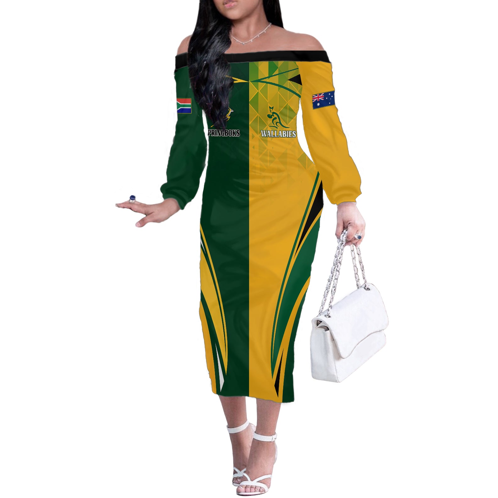 Personalised Australia Mix South Africa Rugby Off The Shoulder Long Sleeve Dress Wallabies And Springboks - Champions Special Ver - Wonder Print Shop