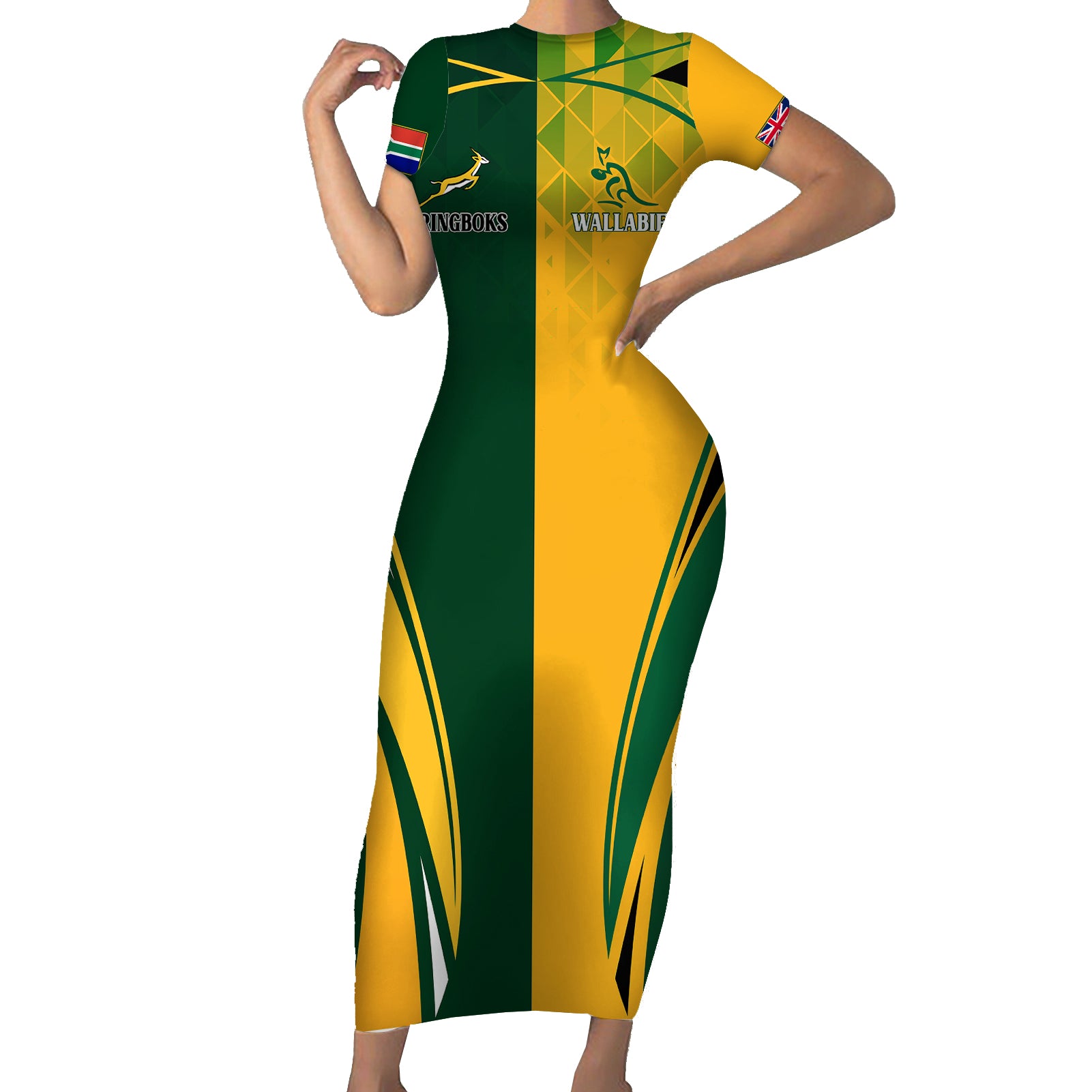 Personalised Australia Mix South Africa Rugby Short Sleeve Bodycon Dress Wallabies And Springboks - Champions Special Ver - Wonder Print Shop