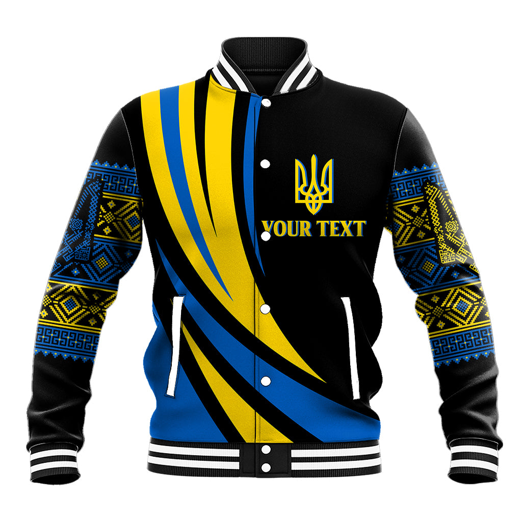 Black baseball jacket with blue and yellow patterned sleeves, button front and white trim