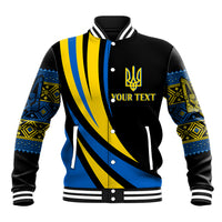 Black baseball jacket with blue and yellow patterned sleeves, button front and white trim