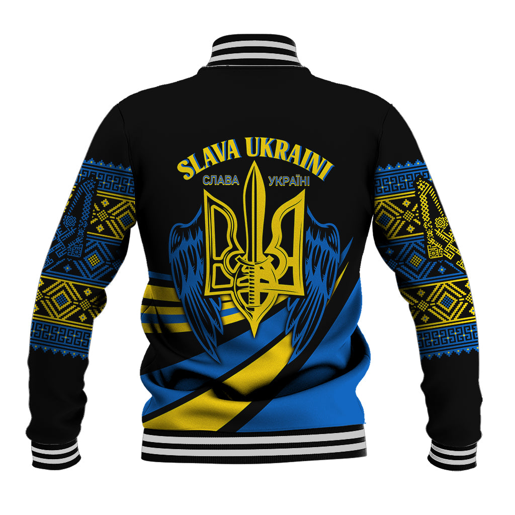 Black baseball jacket back with blue-and-yellow graphic, gold text, ribbed collar cuffs