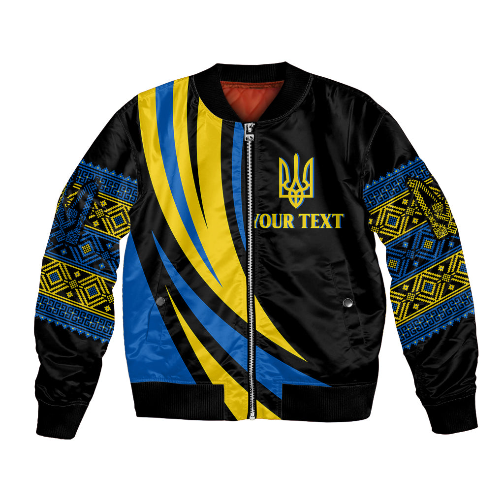 Black unisex bomber jacket with blue-yellow striped front graphic and gold trident emblem