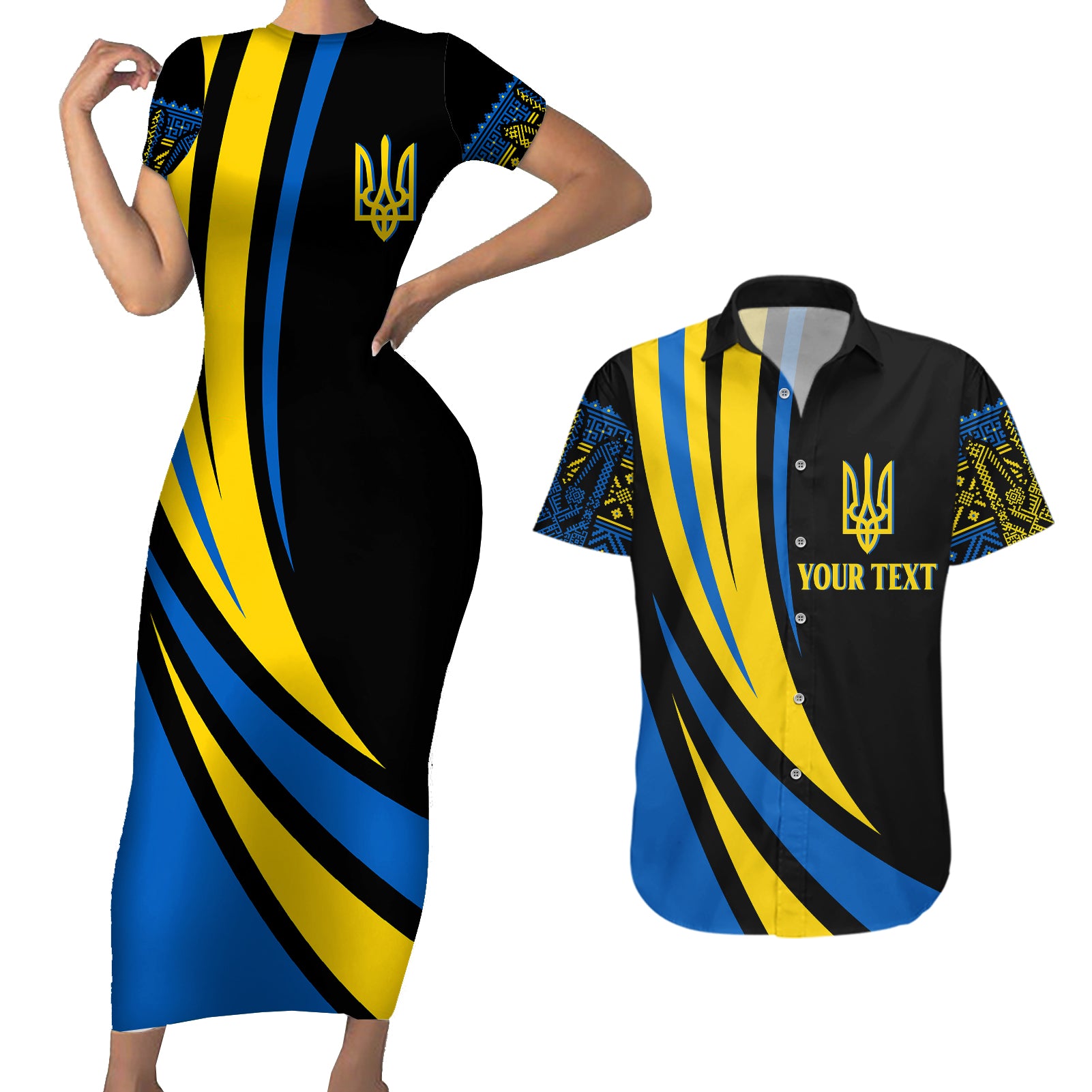 Ukraine Couples Matching Short Sleeve Bodycon Dress and Hawaiian Shirt Independence Slava Ukraini "Battle Angel" LT7 - Wonder Print Shop