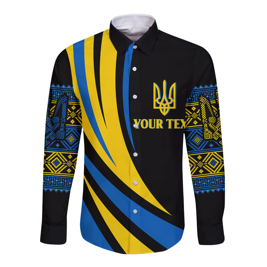 Black long-sleeve button shirt with Ukrainian trident and blue-yellow shield graphic