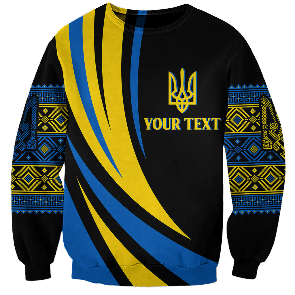 Black unisex sweatshirt with blue and yellow trident emblem, diagonal stripes, patterned sleeves