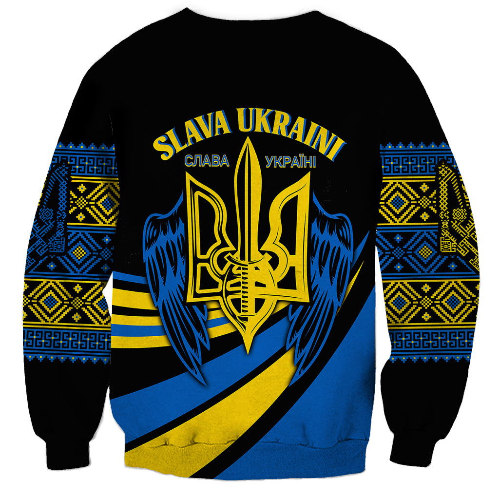 Black unisex sweatshirt with SLAVA UKRAINI text and winged trident graphic, blue yellow stripes