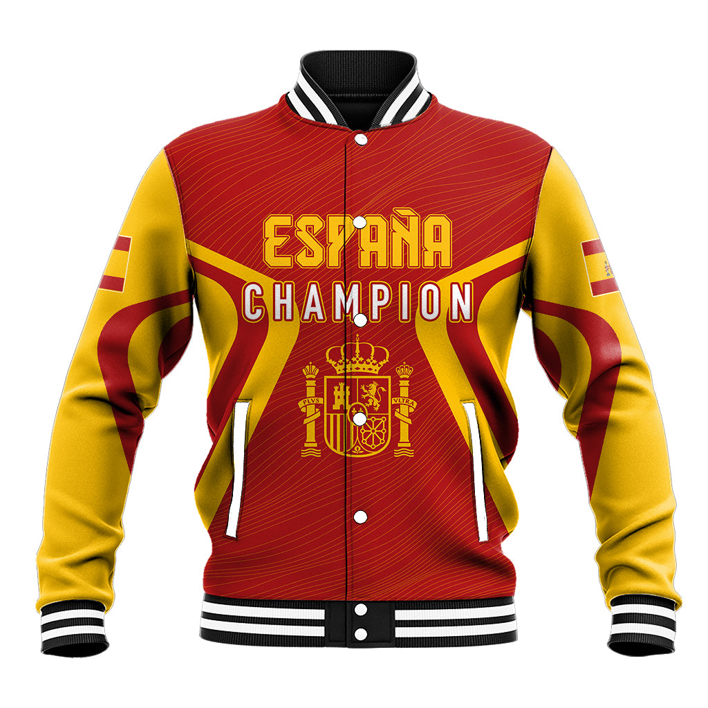 Red and yellow varsity baseball jacket with 'ESPANA CHAMPION' front graphic
