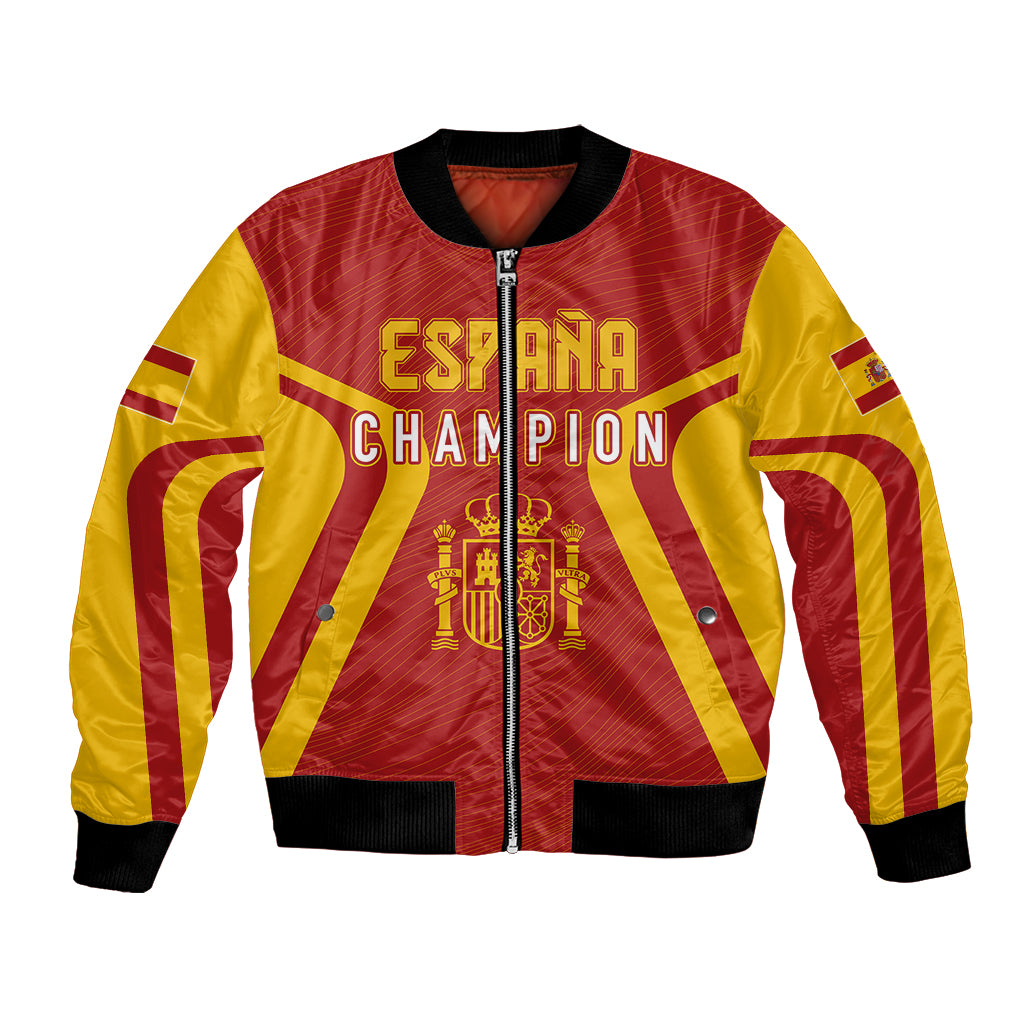 Personalized Spain bomber jacket with red body, yellow sleeves, zip front, Champion print