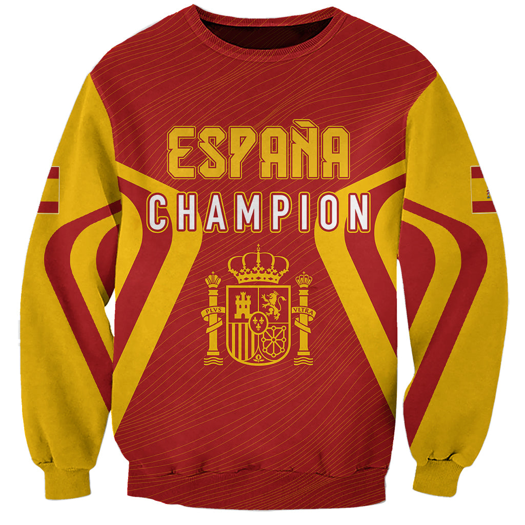 Red Spain champion football sweatshirt with yellow sleeves and front text with crest
