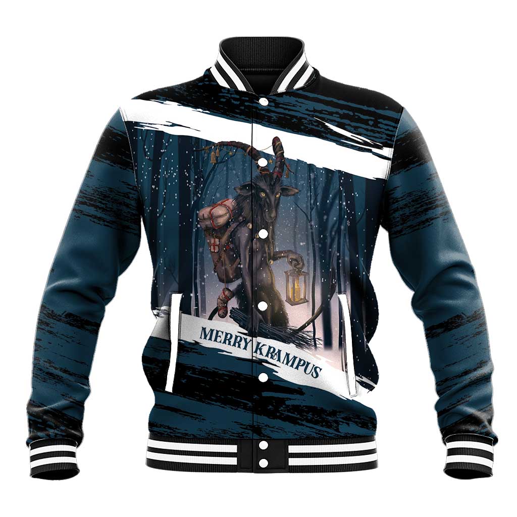 Dark teal baseball jacket with white stripes and front Krampus winter graphic, snap buttons