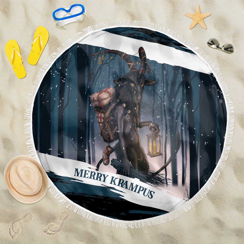 Round dark teal beach blanket with Krampus graphic and lantern scene, fringed edge.