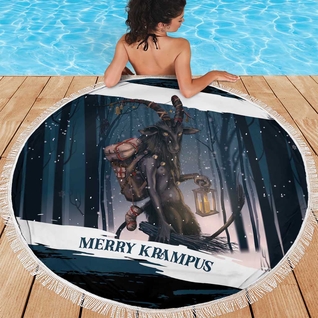 Round dark teal beach blanket with Krampus and lantern in snowy forest, white fringed edge.
