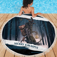 Round dark teal beach blanket with Krampus and lantern in snowy forest, white fringed edge.