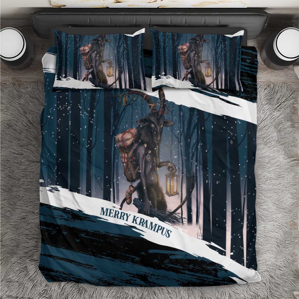 Dark teal Krampus bedding set with two pillowcases, snowy forest stripes and lantern graphic