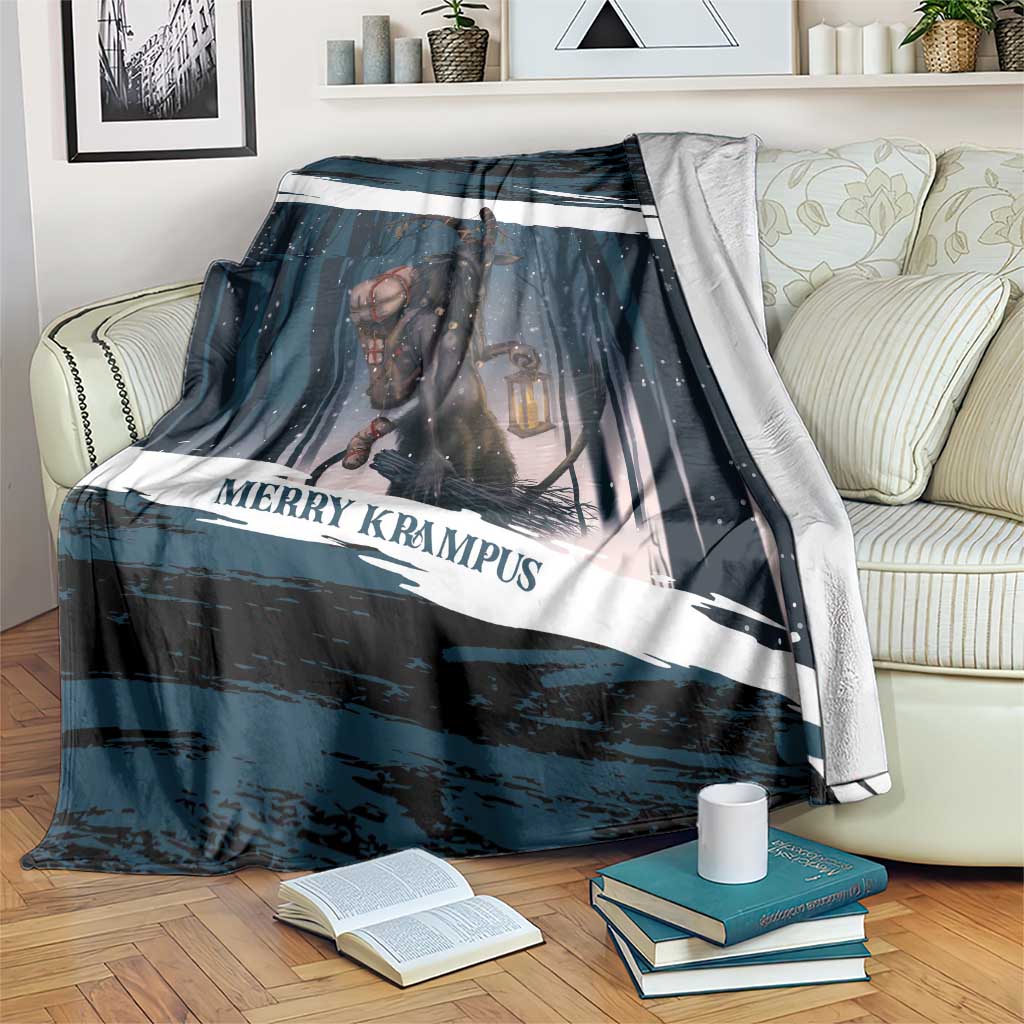 Dark teal Christmas blanket with Krampus graphic and Merry Krampus text, on couch