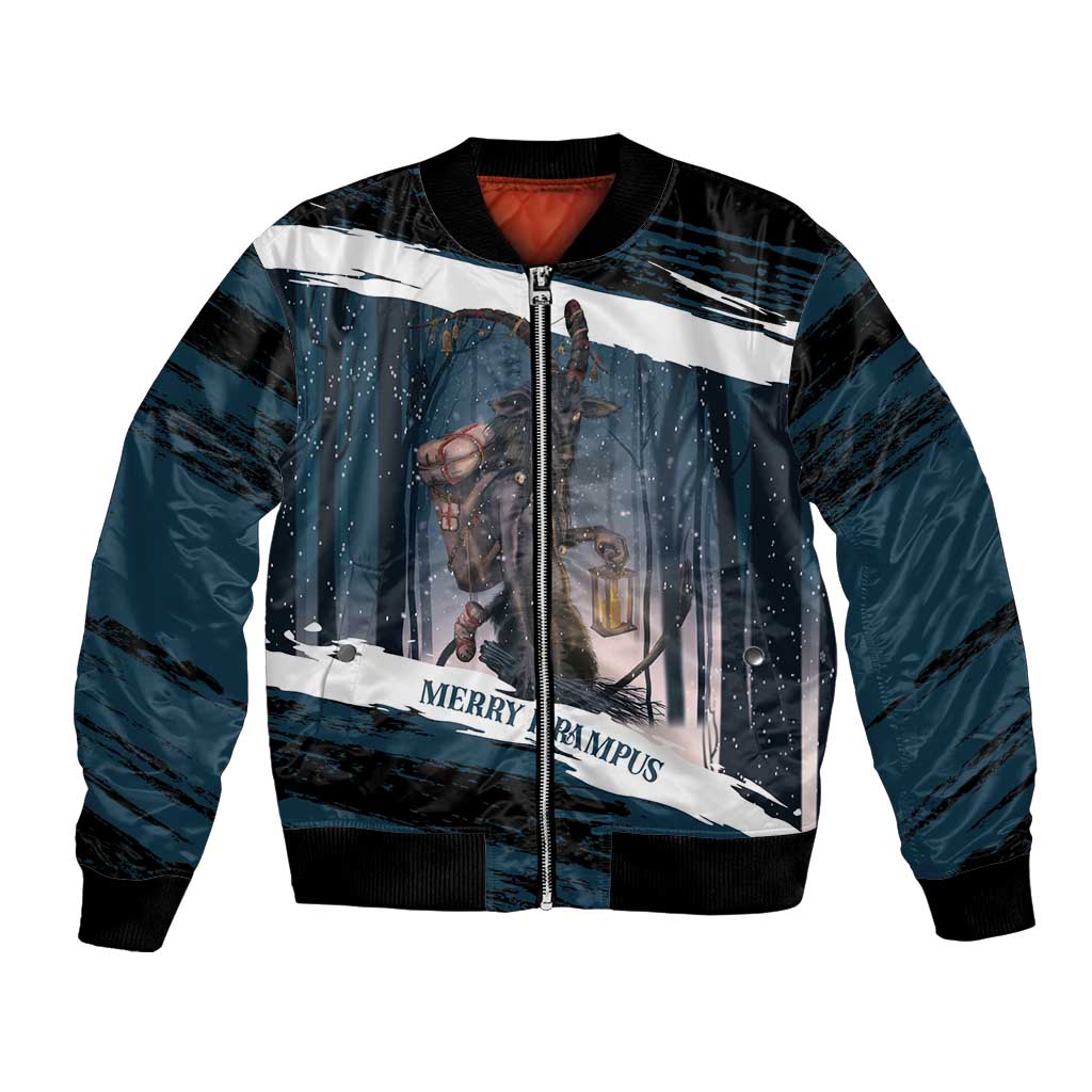 Dark teal bomber jacket with zip front and snowy forest Krampus graphic