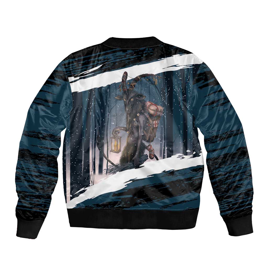 Dark teal bomber jacket with snowy forest scene and Krampus character graphic