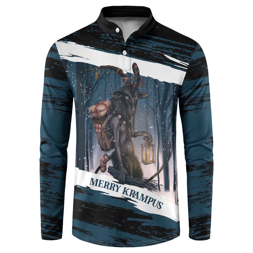 Men's dark teal button sweatshirt with Krampus graphic and 'MERRY KRAMPUS' text